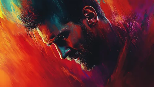 Brooding male portrait in blazing abstract neon colors.