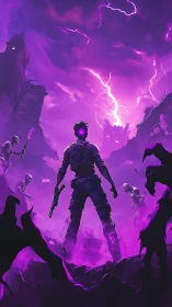 Neon storm warrior confronting undead horde in violet wasteland