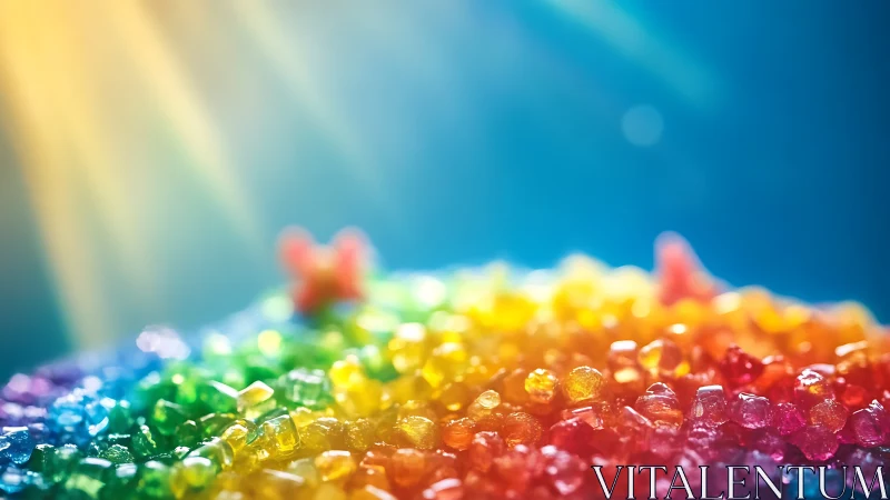 Colorful sugar crystals sparkle under warm sunlight rays