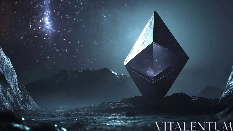 Futuristic crystal monolith standing on alien rocky ground.