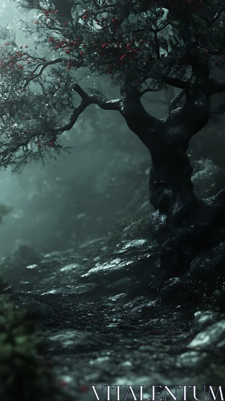 Twisted forest tree beside misty stone path at dusk.