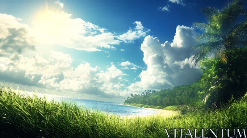 Sunlit tropical shoreline wrapped in lush green serenity.