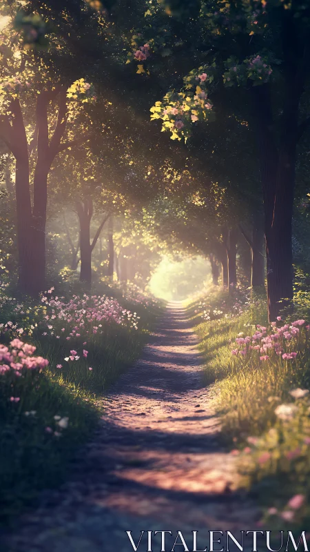 Luminous Forest Path Through Blooming Garden Sanctuary