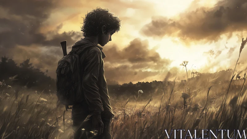 Solitary backpacked figure walking through tall grass at dusk.