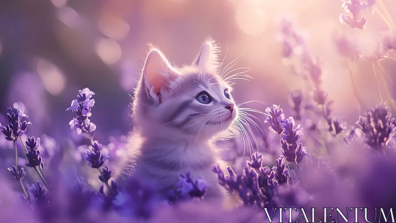 White Kitten in Lavender Field at Golden Hour.