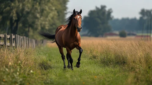 Galloping bay horse strides through a sunlit country meadow.