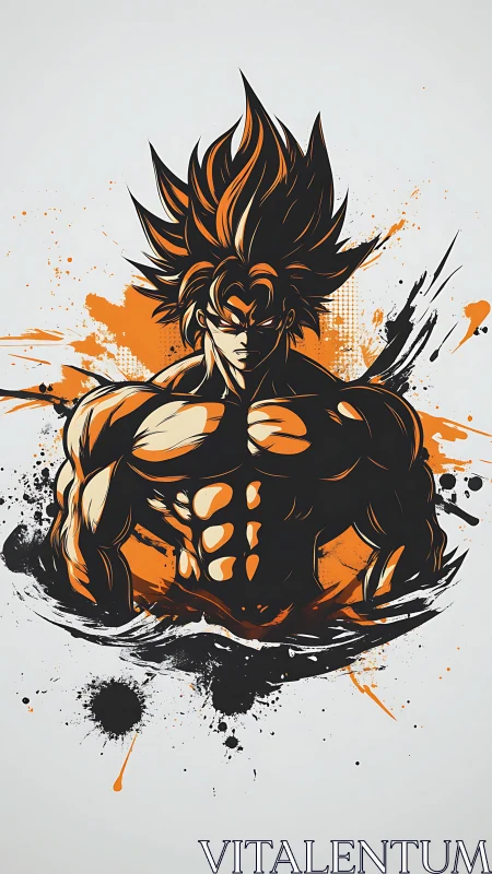 Muscular anime warrior with spiky hair on splatter backdrop.