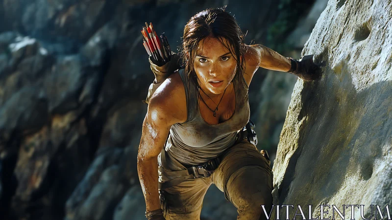 Gritty female climber scaling sunlit rock wall, cinematic closeup