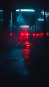 Wet alley corridor rendered in high contrast cyan and red lighting