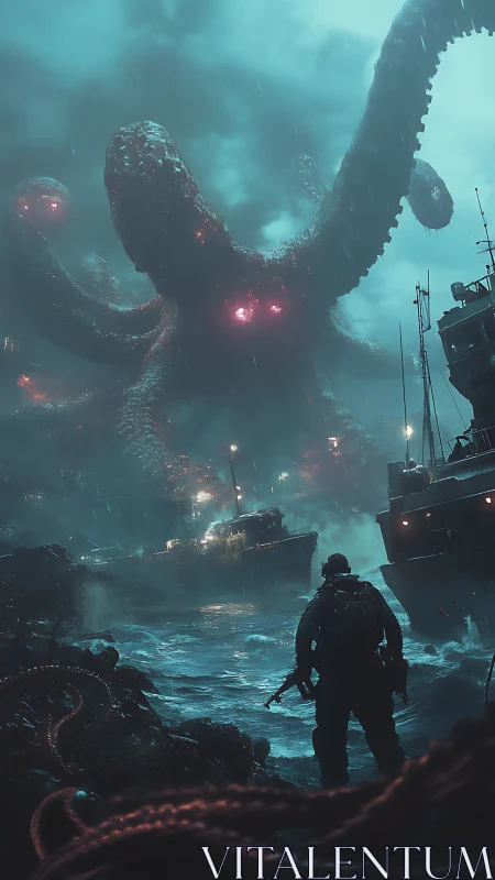 Solitary armed figure observes tentacled sea entity in storm