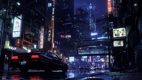 Neon-lit rain-soaked cyberpunk avenue frames retro sports car at night