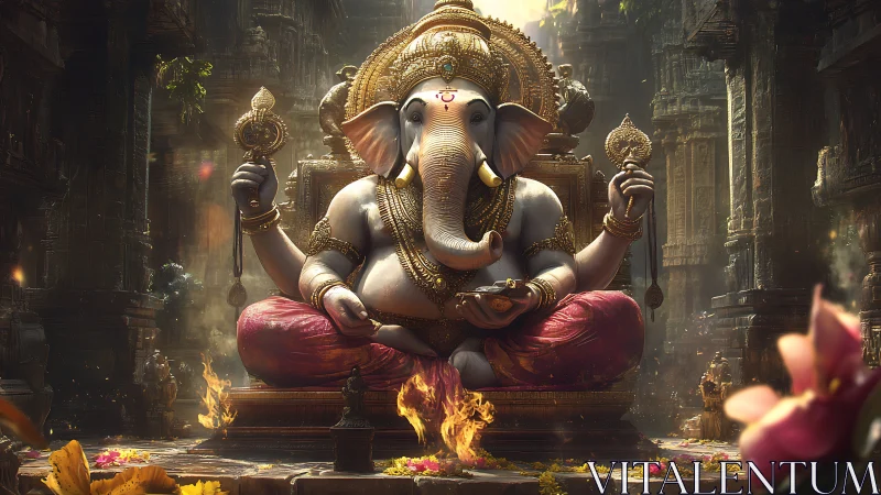 Digital rendering shows seated elephant-headed deity in temple