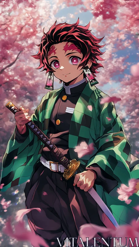 Sword-wielding anime boy under pink cherry blossoms.