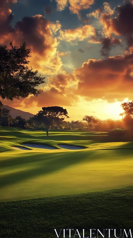 Sunset turns the quiet golf fairway into molten green velvet