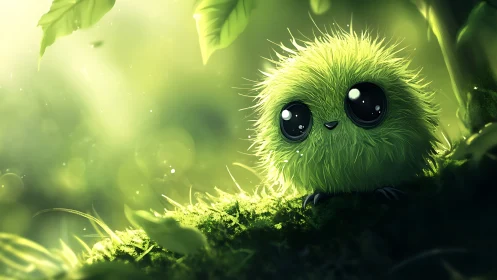 Soft green creature rendered with volumetric backlight and fine fur shading