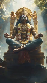 Golden forest throne cradles a serene meditative deity