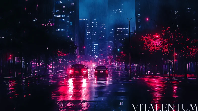 Neon-soaked city street in rain with twin cars idling quietly.