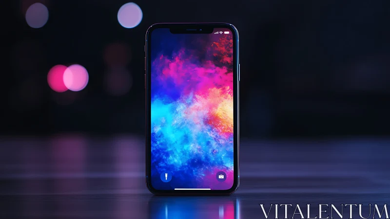 Smartphone displaying vibrant gradient wallpaper with cosmic palette.