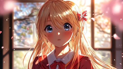 Backlit anime girl with bokeh-lit petals and warm rim lighting