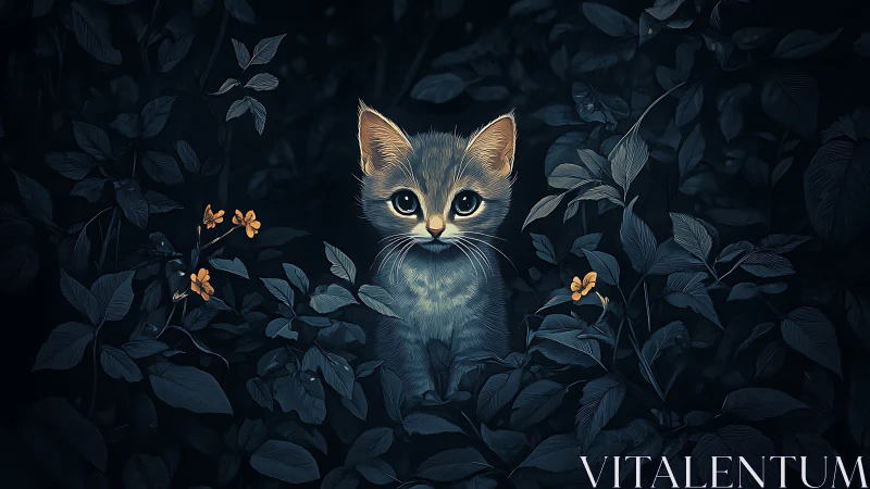 Luminescent Kitten Emerges from Shadow-Draped Garden.