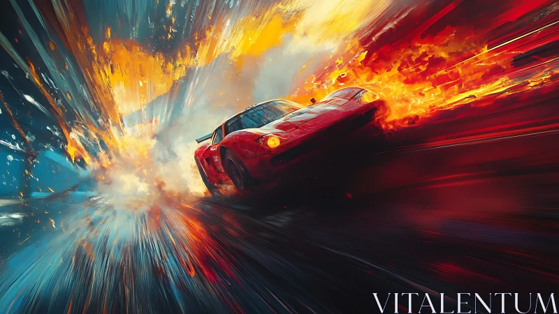 Blazing red race car charges through fire and explosive color