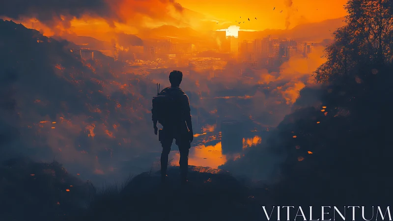 Golden horizon welcomes a lone traveler above the city