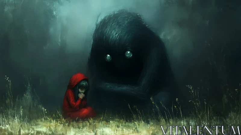 Red-hooded child with looming spectral creature in misted field.