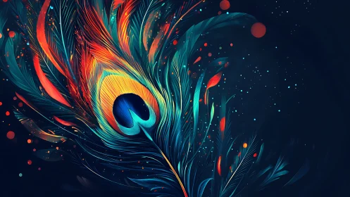 Peacock feather unfurls in glowing neon hues on midnight blue.