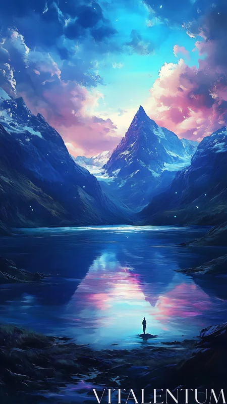 Sky-scribed mountain mirror where lone wanderers meet eternity.