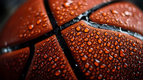 Macro close-up of wet basketball pebbled surface with droplets