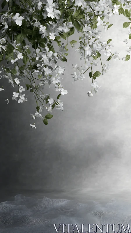 Delicate White Flowers Cascade Gently Over Misty Stone