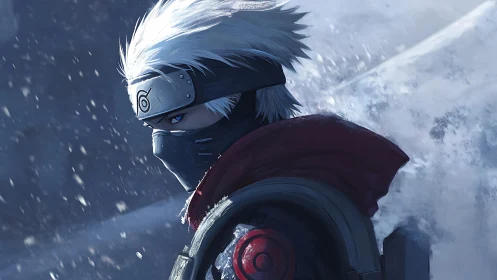 Masked anime warrior in snowy wind with focused gaze.