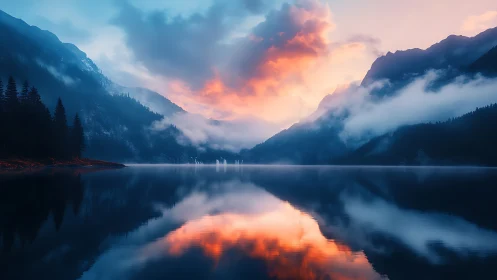 Gentle mountain lake at sunrise wrapped in soft reflected fire.