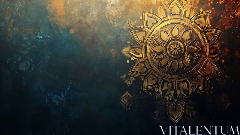Ornate golden mandala on dark teal textured background.