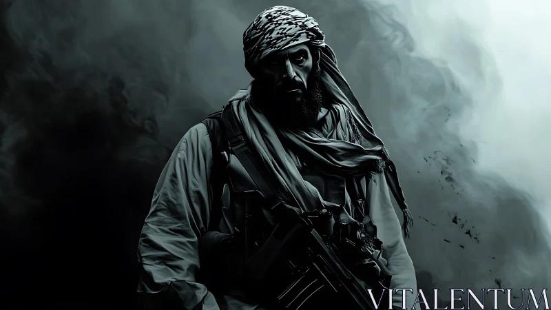 Militant figure emerges from high-contrast smoky background