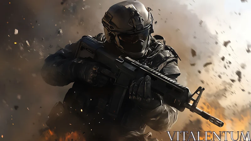 Future-armored soldier charging through fiery explosion.