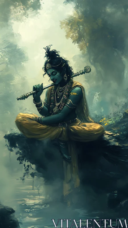 Flute player in golden robes resting by a misty forest pool.