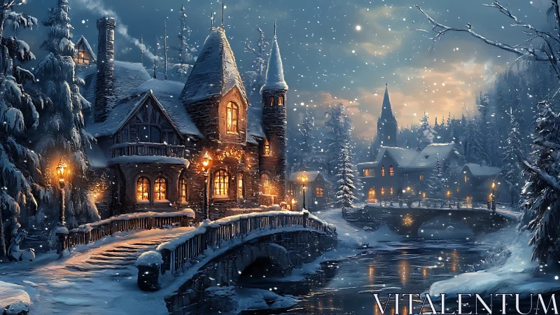 Snow-covered riverside village with lamplit stone houses.