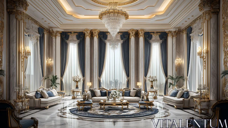 Large neoclassical living room with chandeliers and sofas.