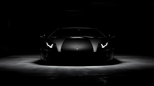 Stealth sports car emerges from darkness in dramatic light.