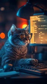 Digital Cat Programmer Coding at Night with Neon Lighting