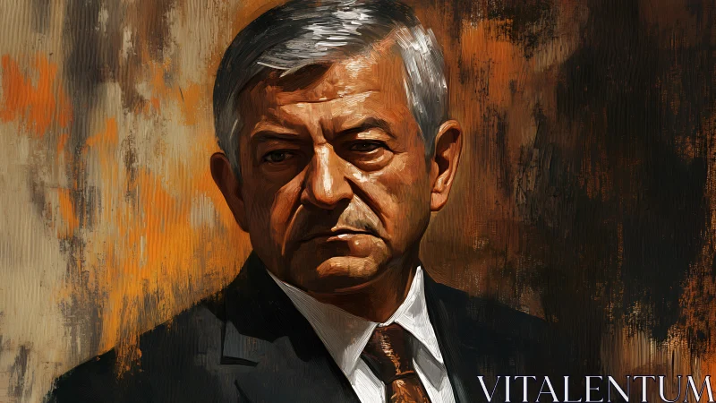 Stoic elder statesman portrait in textured oil strokes.