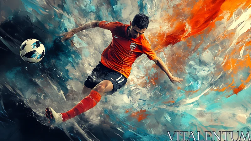 Dynamic digital painting of soccer player in mid kick.
