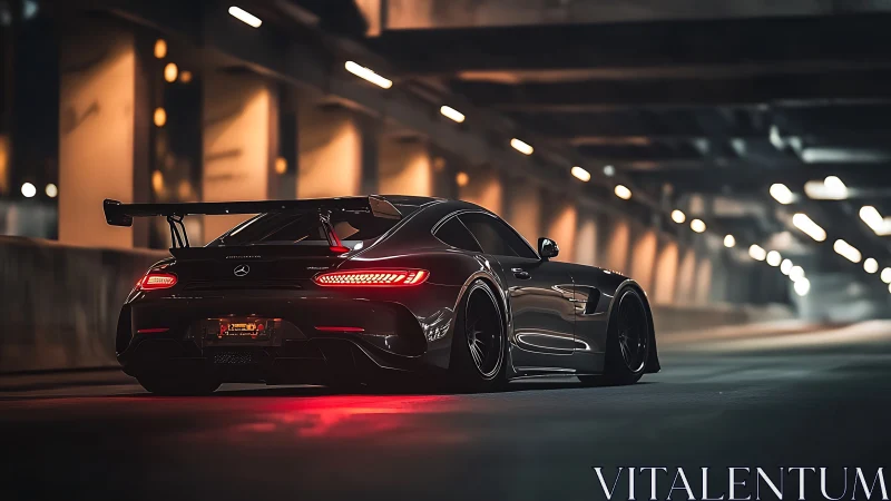 Low-angle rear view shows modified coupe in illuminated tunnel