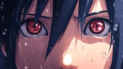 Intense anime close-up with rain-soaked face and glowing eyes.