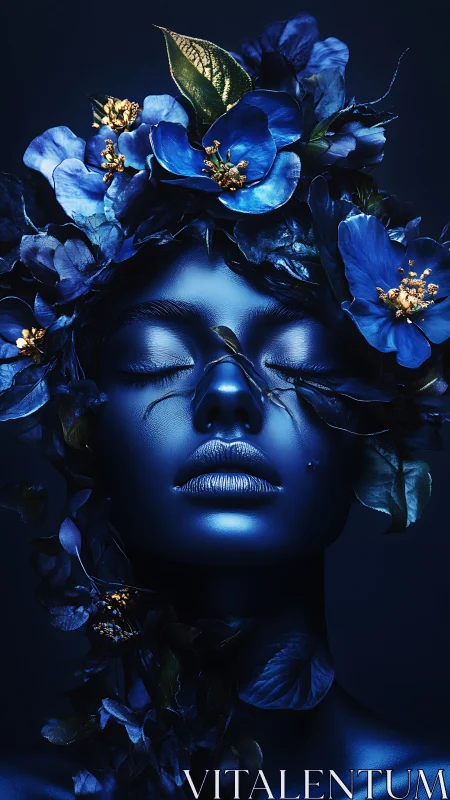 Midnight metallic portrait merges human face with blue flora
