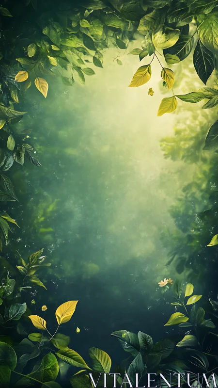 Lush green foliage framing soft glowing forest center.