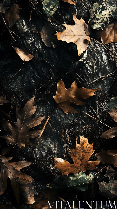 Dry brown oak leaves on dark wet forest ground surface.