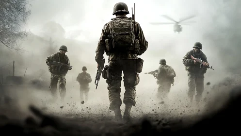 Soldiers advance through dense battlefield smoke under helicopter