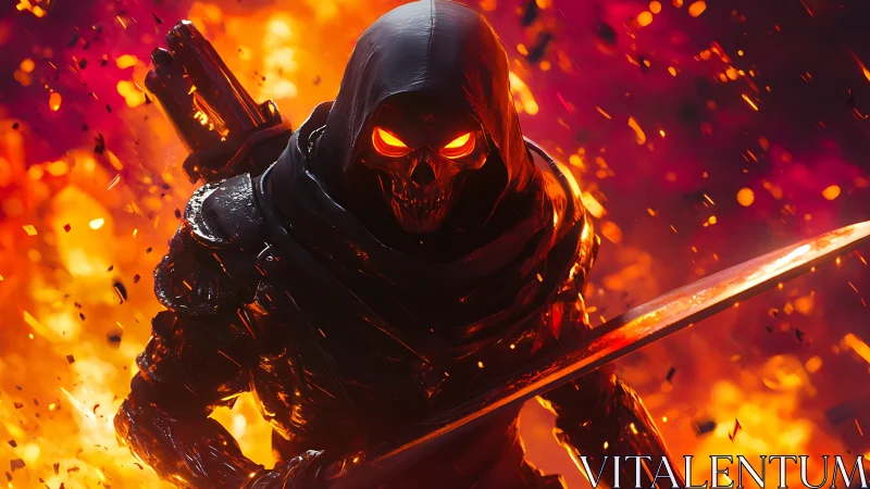 Hooded flame reaper striding through molten twilight.